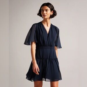 TED BAKER NWT Giggie Fit-and-Flare Tiered Mini Dress, Navy Blue, Size 4